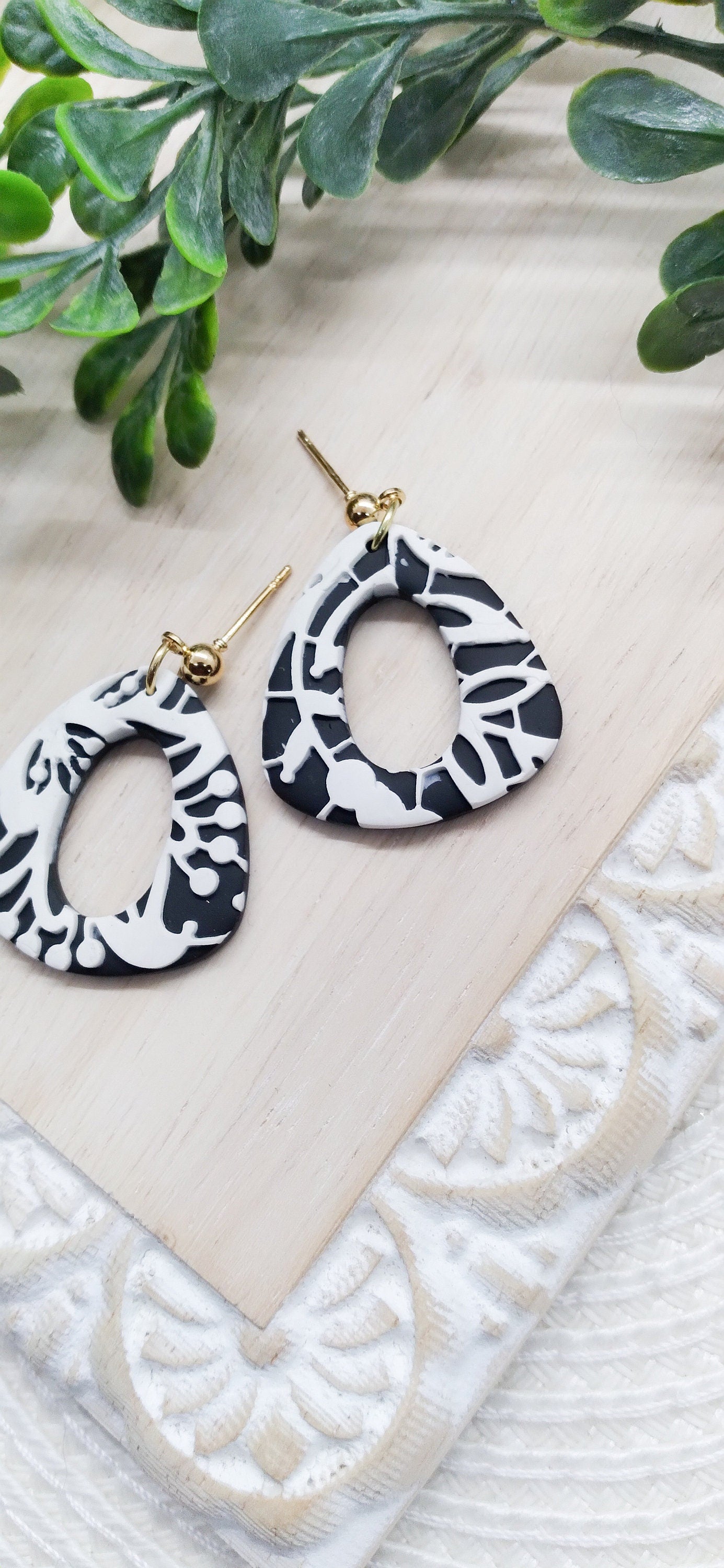 Black and White Lace Organic Triangle Polymer Clay Earrings- Statement Earrings- Triangle Earrings- Dangle Earrings