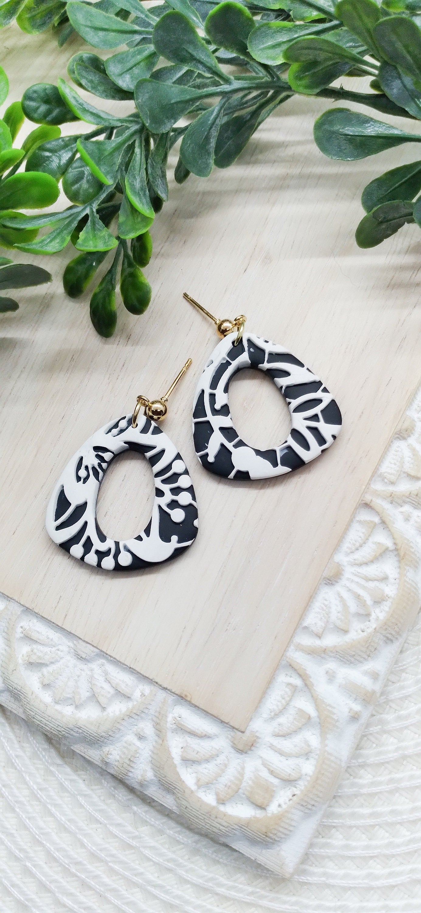 Black and White Lace Organic Triangle Polymer Clay Earrings- Statement Earrings- Triangle Earrings- Dangle Earrings
