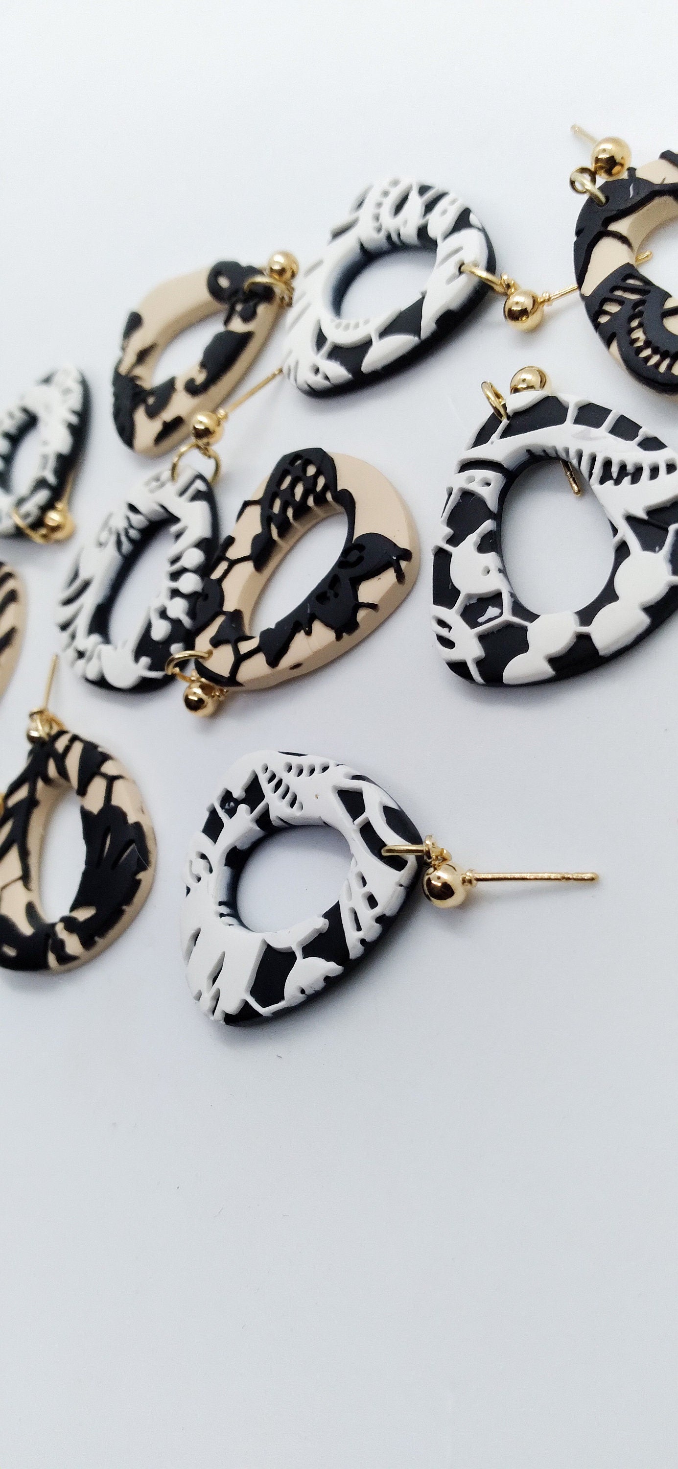 Black and White Lace Organic Triangle Polymer Clay Earrings- Statement Earrings- Triangle Earrings- Dangle Earrings