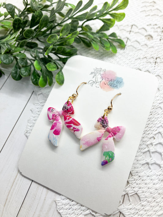 Pink Flower Mix Bow Earrings