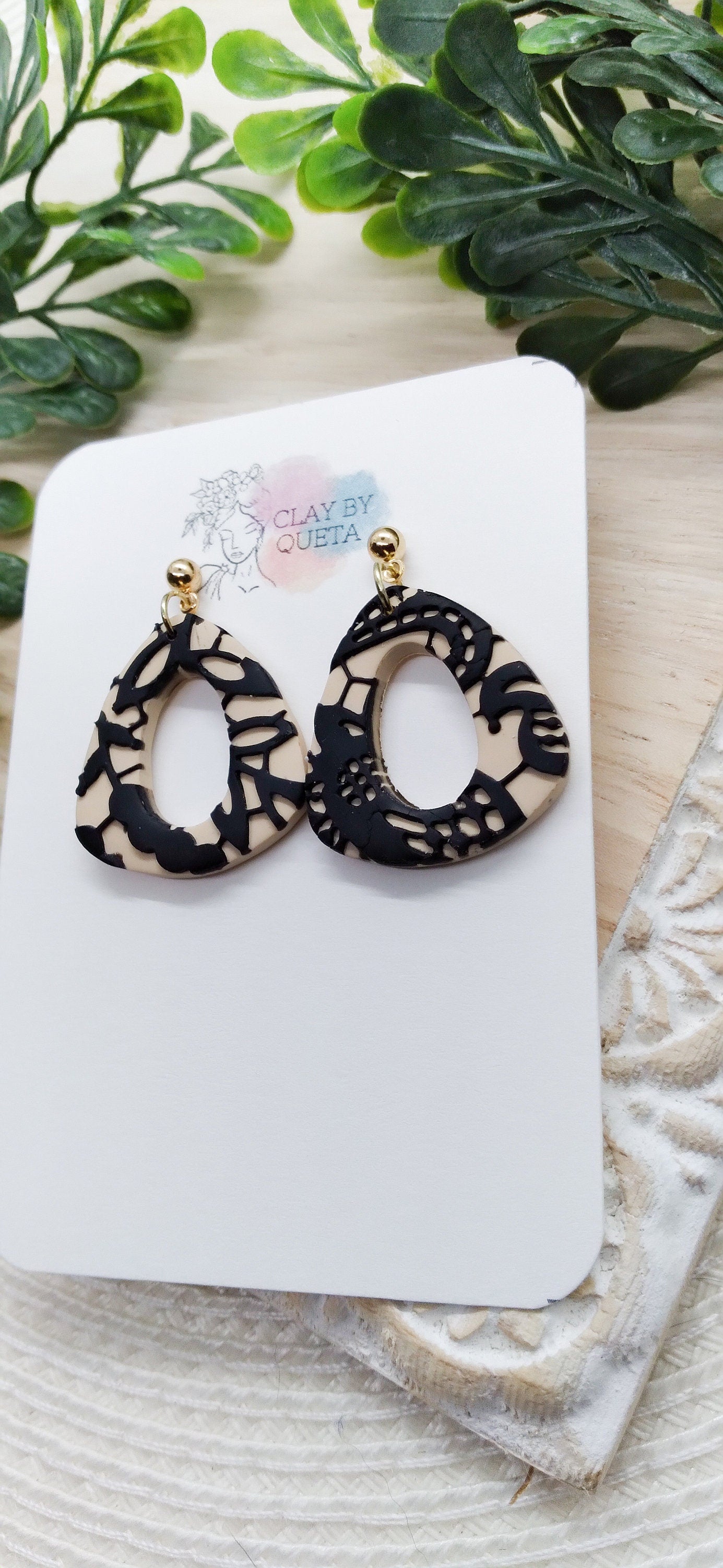 Cream Lace Organic Triangle Polymer Clay Earrings- Statement Earrings- Triangle Earrings