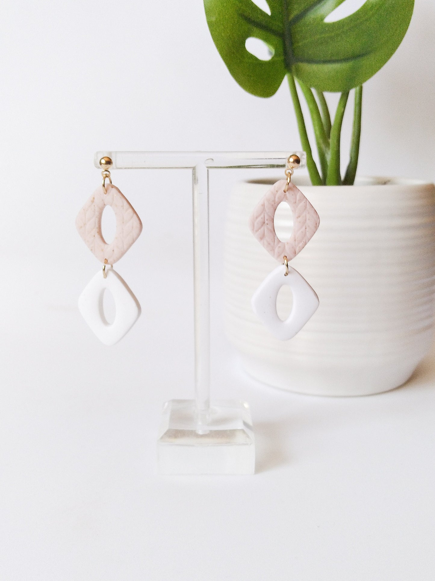 2 Tier Diamond Dangle- Light Beige Diamond with Speckled white Dangle- Clay Earrings- Minimalist Earring- 2 Tone Earrings