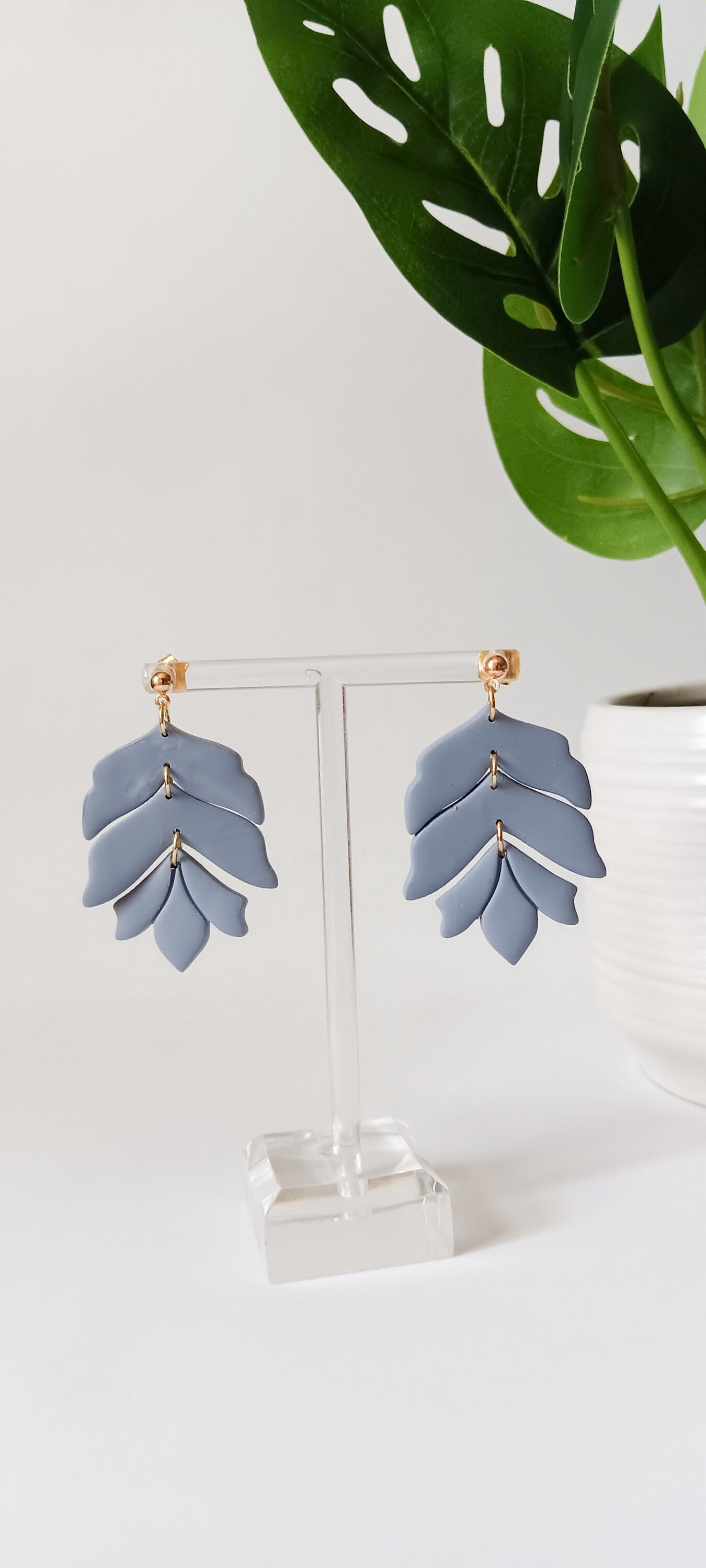 Light Slate Gray Floral Dangle-Dangle Earrings- Clay Earrings- Polymer Clay Earrings- Floral Dangle Earrings- Statement Earrings